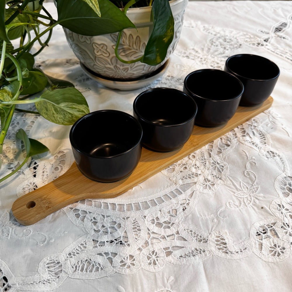 Home Essentials Black Serving Cups with Bamboo Tray